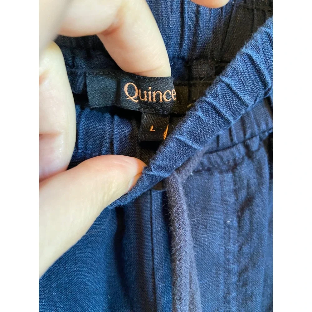 Quince Navy Blue 100% Linen Wide Leg Drawstring Elastic Waist Pants Womens L - Picture 2 of 5